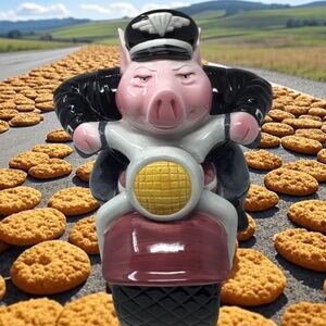 ROAD HOG Hand Painted Police Pig on Motorcycle, Clay Art 1996 Vintage Cookie Jar